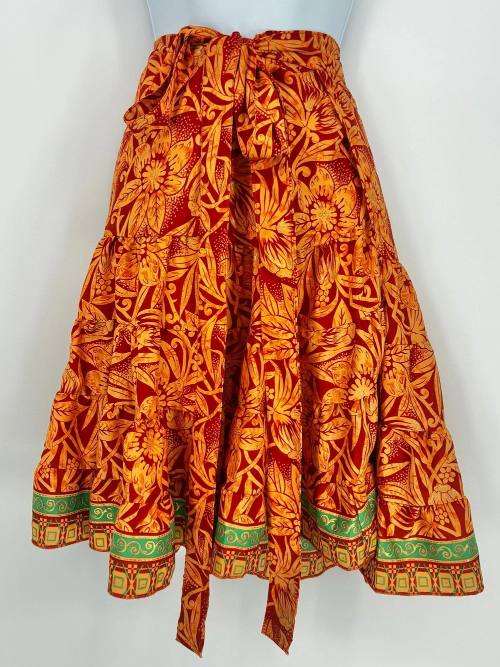 Silk Blend Orange Floral Wrap Midi Skirt One Size
